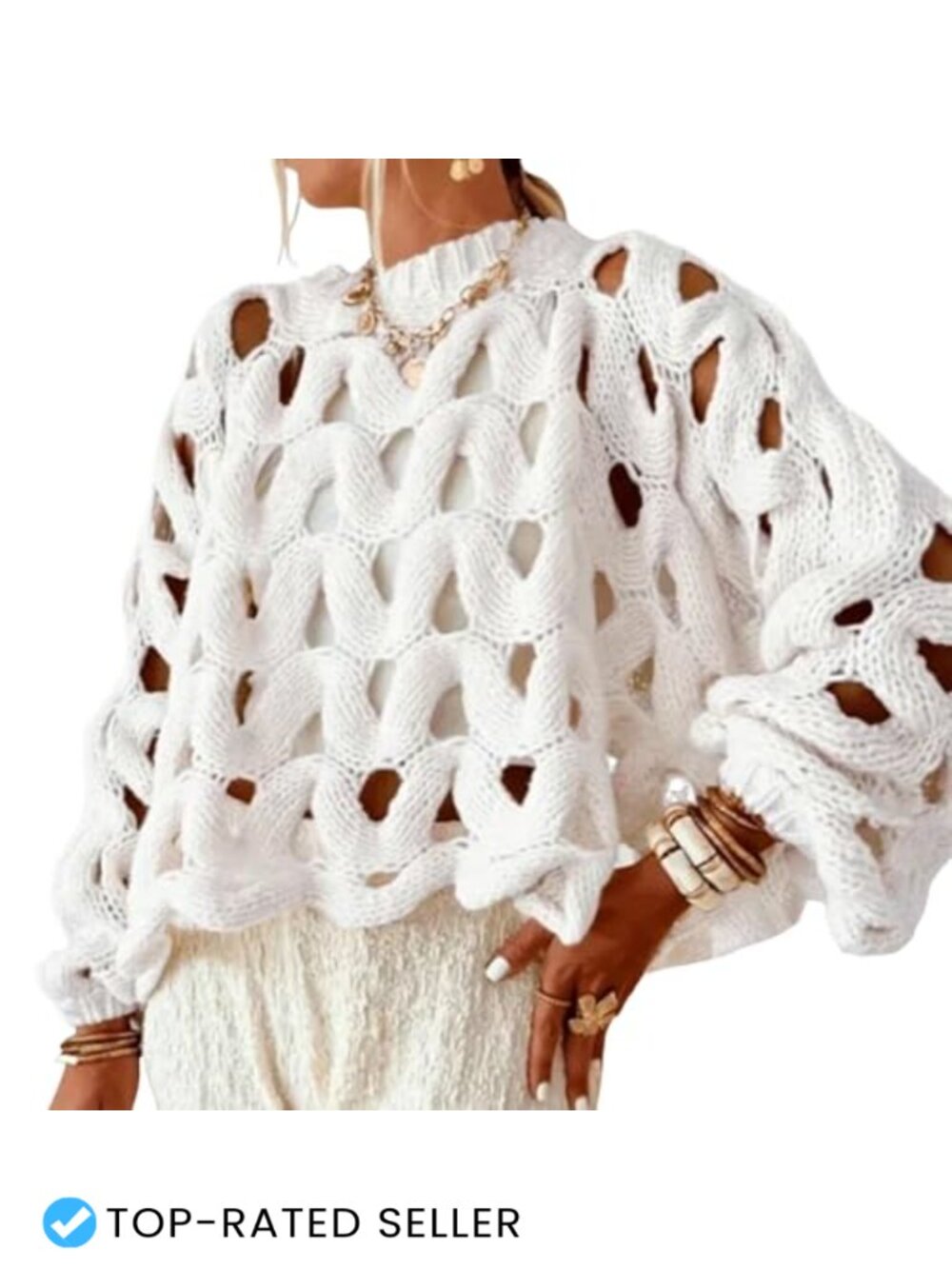 Crochet Hollow Out Pullover Sweater Oversized Chunky Knit Crew Neck